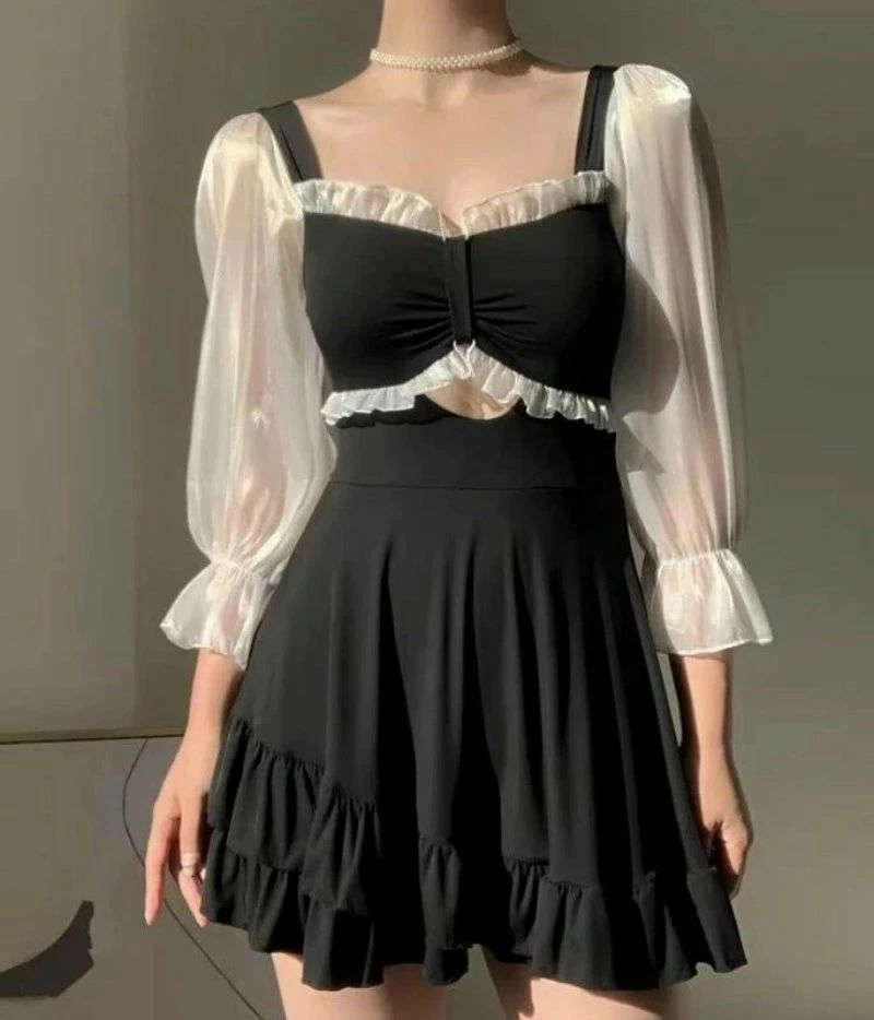 ワンピース 水着 レディース かわいい 夏 プール ビーチ カジュアル 長袖 フェアリー ウエストカバー スカート