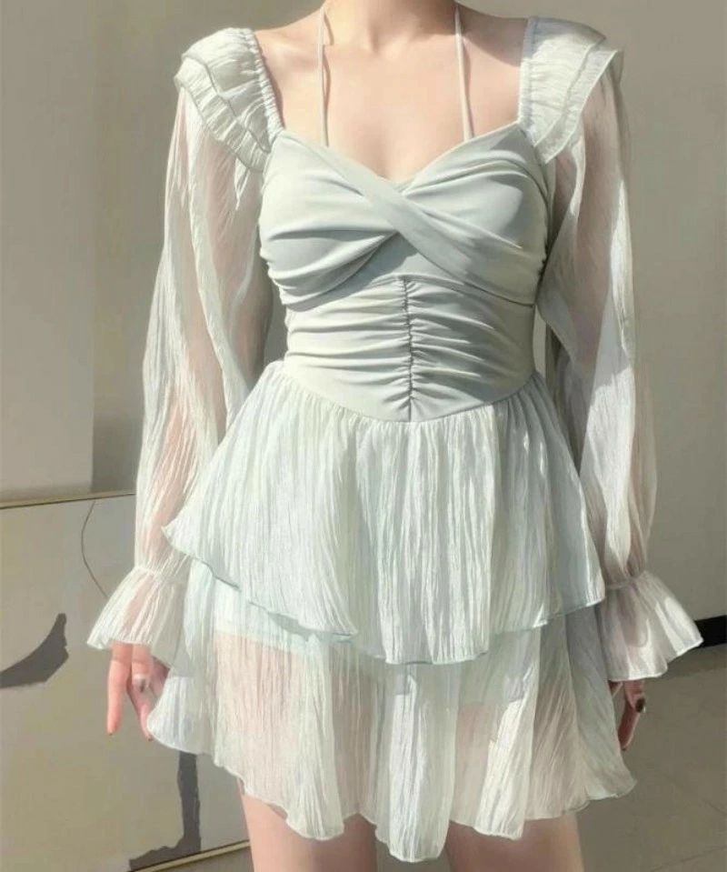 ワンピース 水着 レディース かわいい 夏 プール ビーチ ライトグリーン カジュアル 長袖 スカート スイム ウェア