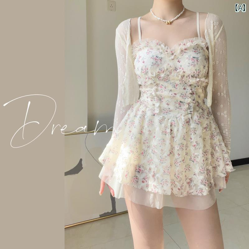 水着 レディース ファッション 夏 プール ビーチ ガーリー カジュアル フェアリー 長袖 スカート ワンピース 花柄