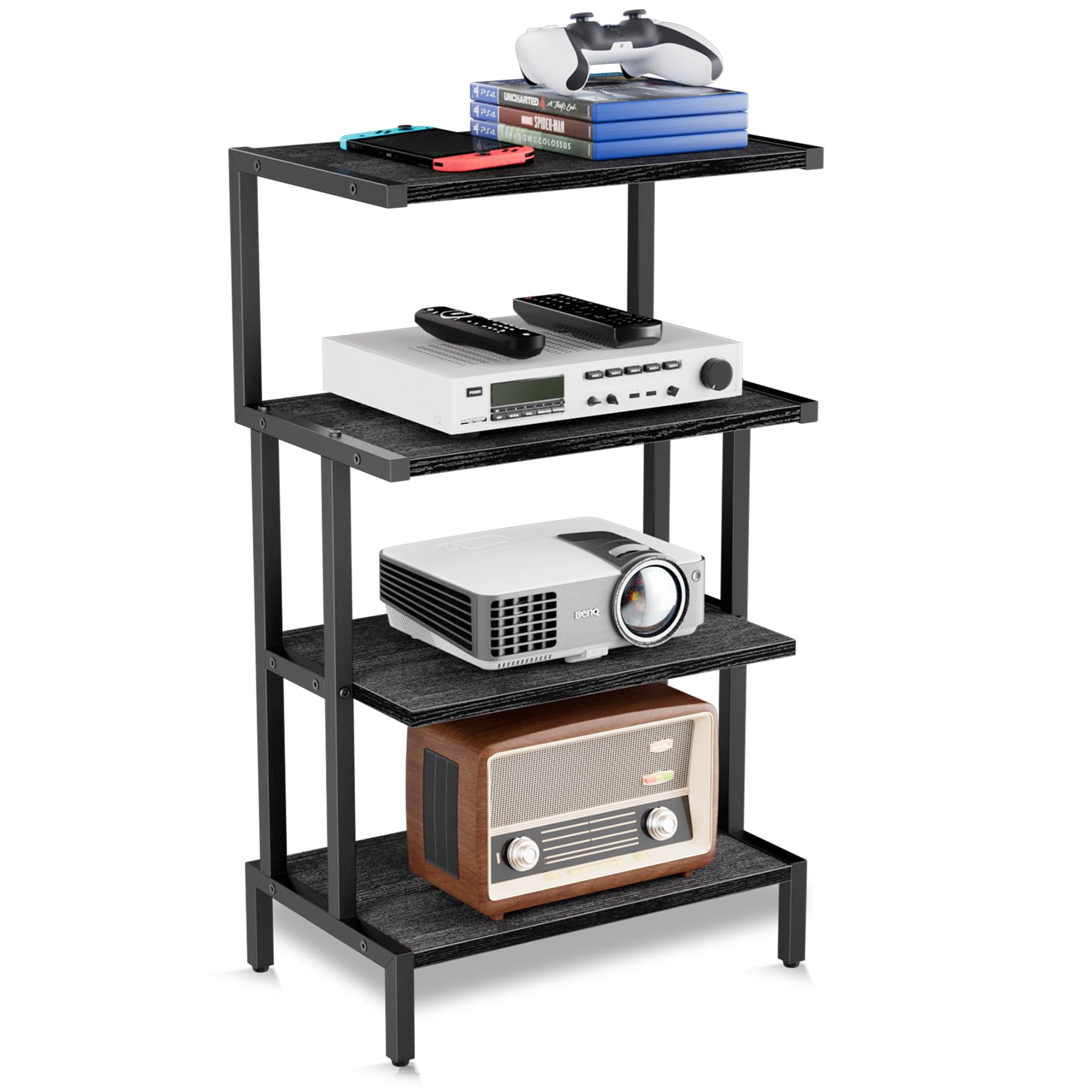 Aquzee 4段ゲーム収納ラック、高さ78cm x 奥行き27.94cm x 幅44.70cm オーディオラック、木製&金属製小..