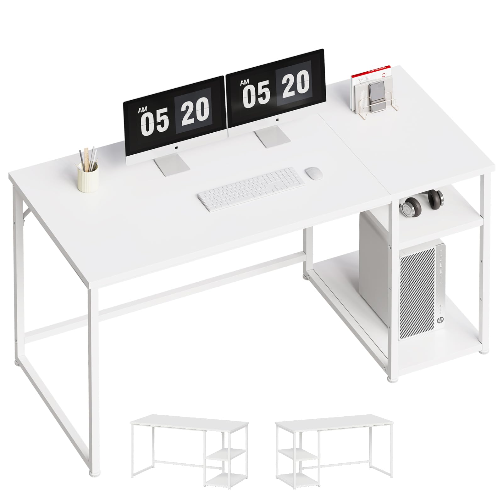 Maihail パソコンデスク pcデスク 机 白 カウンター テーブル スタンディングデスク 勉強机 家具 パソコンラック table 学習机 収納 幅140*奥行60cm 白い SZ123BS スチールウッド簡易棚付きデスク ホワイト