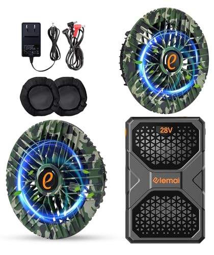 elemai フアン付き作業服対応 30000mAh 業界超高電圧出力28V ファンバッテリー セット 猛暑対策 ファン防塵カバー付き(緑迷彩*黒羽根)