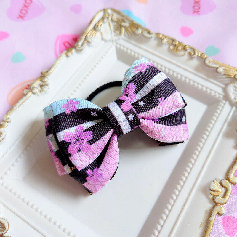 Rakuten - ヘアゴム リボン 【完成品】ヘアアクセサリー サクラ吹雪ボーダーリボン 1個