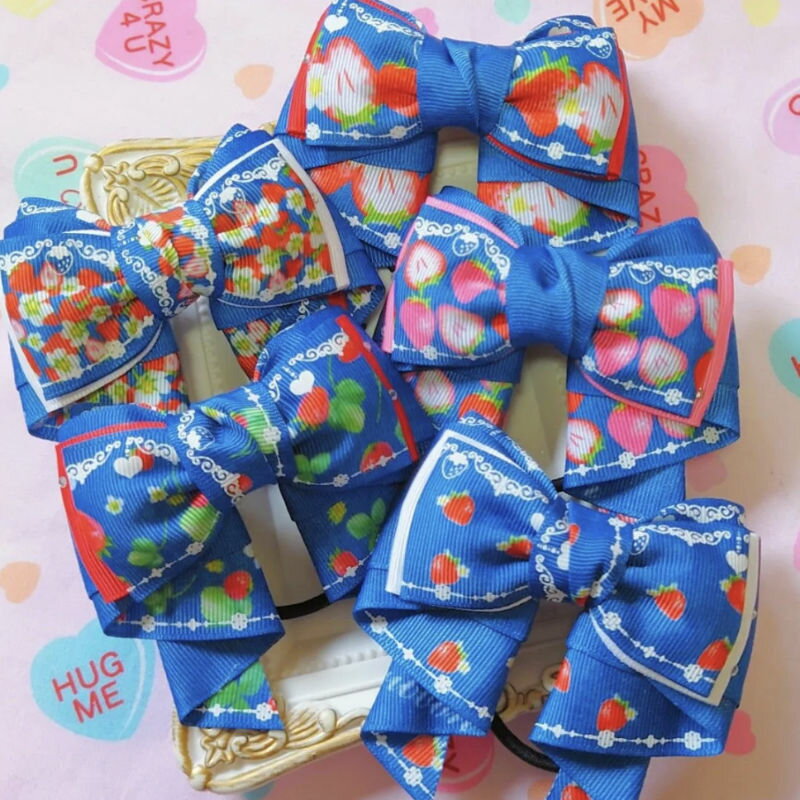 ヘアゴム リボン 【完成品】ヘアアクセサリー インディゴカラーいちご（全5種類）