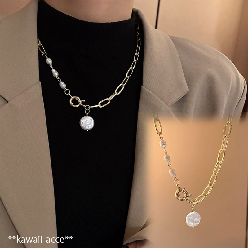 【完成品】太幅チェーン＆パールポイントネックレス チェーンネックレス ゴールド