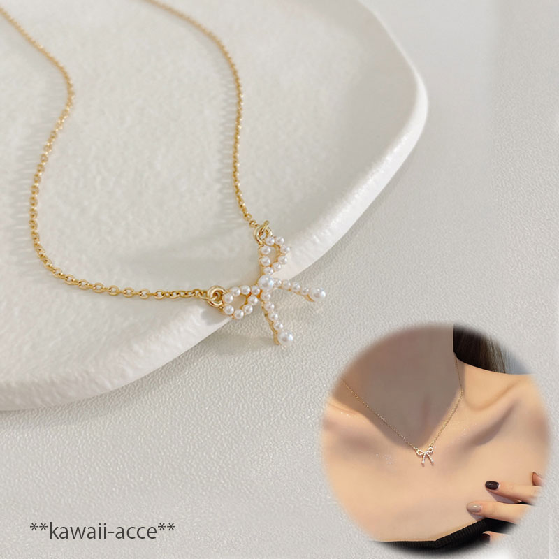 【完成品】パールリボン チェーンネックレス ゴールド