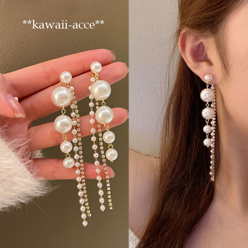 ロングパール＆ビジュー スタッドピアス 韓国 ファッション アクセサリー
