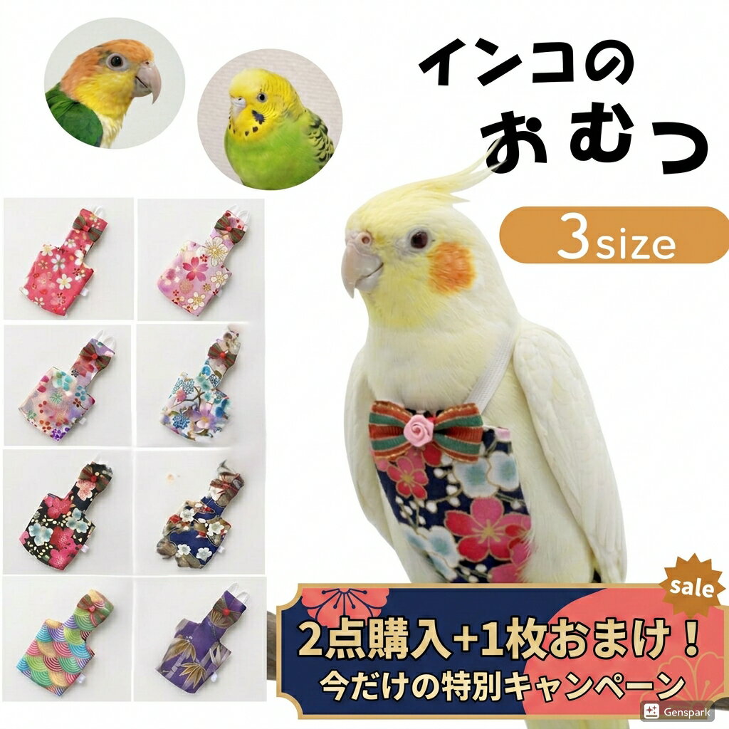 鳥用おむつ フライトスーツ 2点購入で1点おまけ インコ オカメインコ ウロコインコ 服 お散歩 汚れ防止 衛生 的 繰り返し使える 洗える 撥水裏地 リボン 和柄 3サイズ かわいい 鳥用品 ペット用品