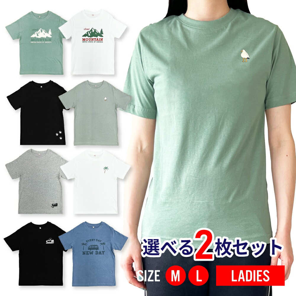 Rakuten - 【アウトレット】 選べる2枚セット 綿100％Tシャツ 半袖 ゆったり ワンポイント レディース トップス カットソー ロゴ 春 夏 秋 コットン 綿 運動 部屋着 スポーツ ジム カジュアル ブラック グレー グリーン ブルー ホワイト 黒 灰色 緑 白 アヒル ネコ 猫 足跡 山 ヤシの木