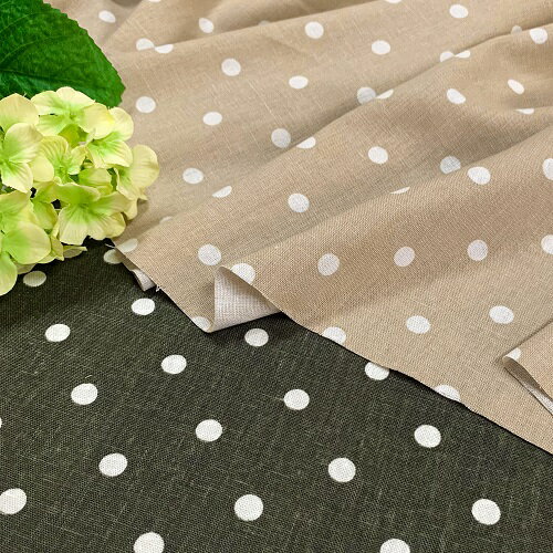 Rakuten - 【50cm単位】【1.5mまでメール便対応】 リネン 麻 レーヨン 水玉 カーキ 緑 ベージュ 布 プリント ワイド幅 幅広 ドット