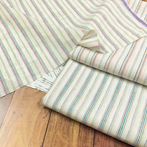 【50cm単位】【2mまでメール便対応】 夏服 リネン 生地 ストライプ 縦縞 マルチストライプ 青 ピンク ..