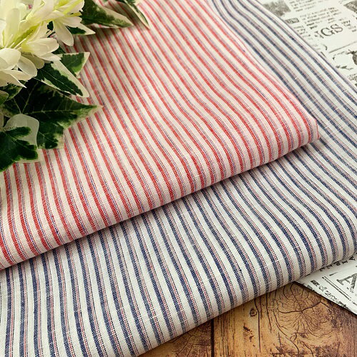 Rakuten - 【50cm単位】【2mまでメール便対応】　夏服　リネン 生地 ストライプ 薄手 青 紺 赤 ワイド幅　ブルー ネイビー レッド 広幅 布 生地 麻 100% ハンドメイド 先染め