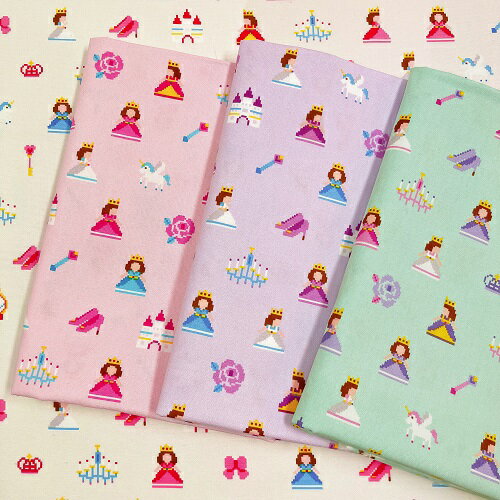Rakuten - 【50cm単位】【2mまでメール便対応】お姫様 プリンセス オックス ドット絵 ピクセルアート 白 ホワイト ピンク 紫 パープル 緑 グリーン 生地 日本製 布 プリント ハンドメイド 女の子