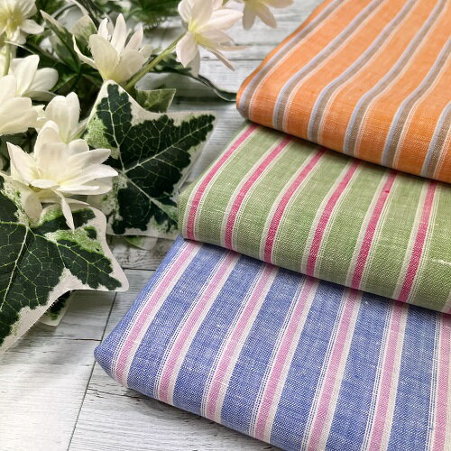 Rakuten - 【50cm単位】【2mまでメール便対応】 夏服 リネン 生地 ストライプ 縦縞 青 ブルー 緑　グリーン オレンジ ワイド幅 広幅 布 生地 麻100% 先染め ハンドメイド