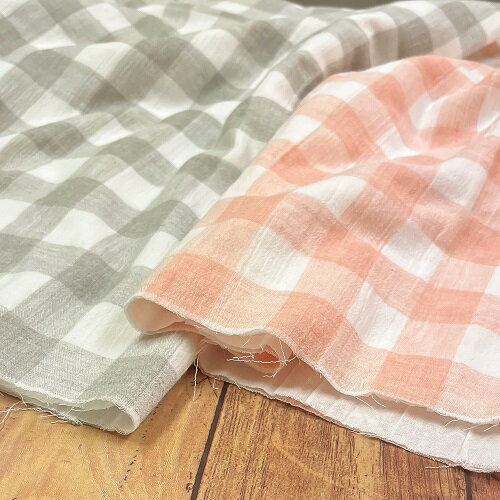 Rakuten - 【50cm単位】【宅配便のみ】 ダブルガーゼ サーモンピンク グレー チェック 国産 日本製 コットン 綿 生地 ハンドメイド
