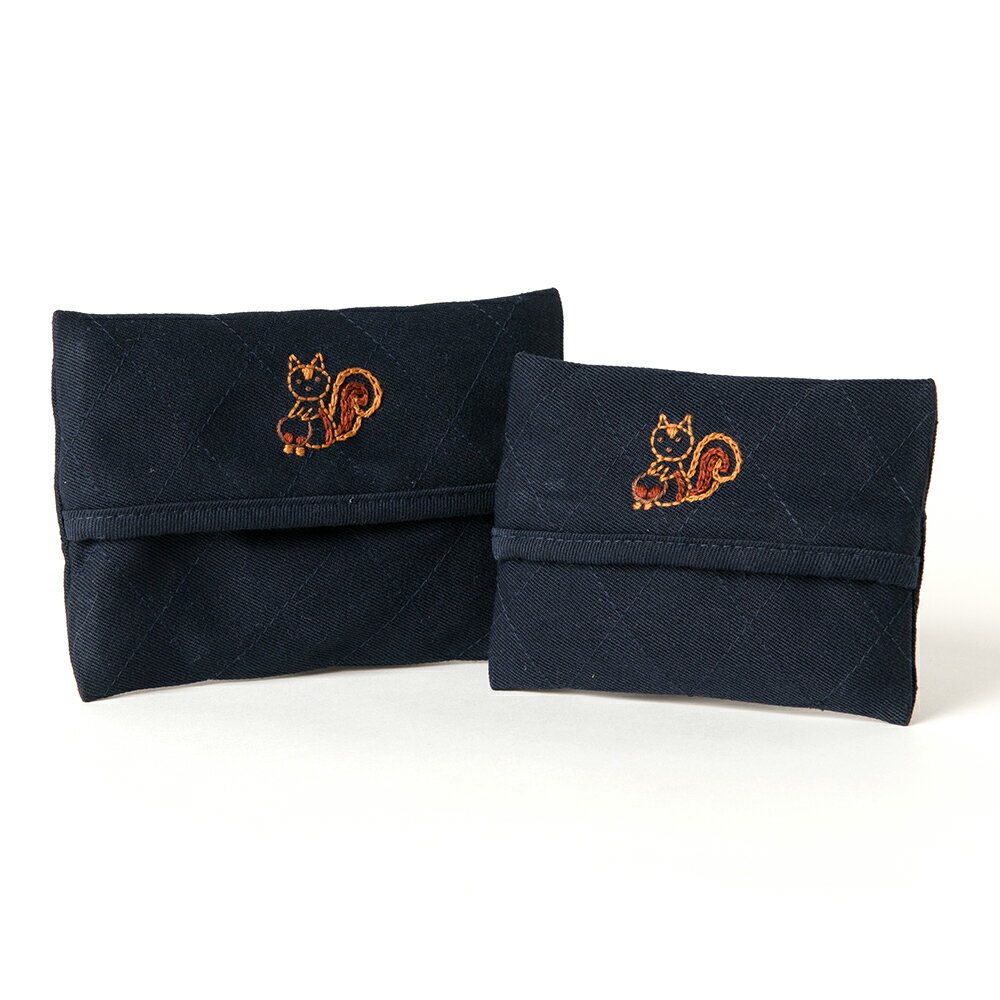 手刺繍【リス】 ティッシュケース ちり紙入れ 【2サイズ】 【お受験用品の店●ハッピークローバー】のサムネイル