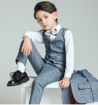 子供スーツ 上品 スリーピース ブレザー ピアノ 長袖 一つボタン 男の子 子供服 キッズ ジュニア フォーマル カジュアル イベント 入学式 入園式 卒業式 七五三 結婚式 発表会 演奏会 100cm~180cm ジャケット+ベスト+パンツ+蝶ネクタイ 4点セット 格好いい!品質良い!