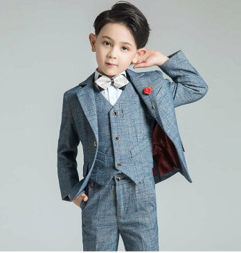 子供スーツ 上品 スリーピース ブレザー ピアノ 長袖 一つボタン 男の子 子供服 キッズ ジュニア フォーマル カジュアル イベント 入学式 入園式 卒業式 七五三 結婚式 発表会 演奏会 100cm~180cm ジャケット+ベスト+パンツ+蝶ネクタイ 4点セット 格好いい!品質良い!