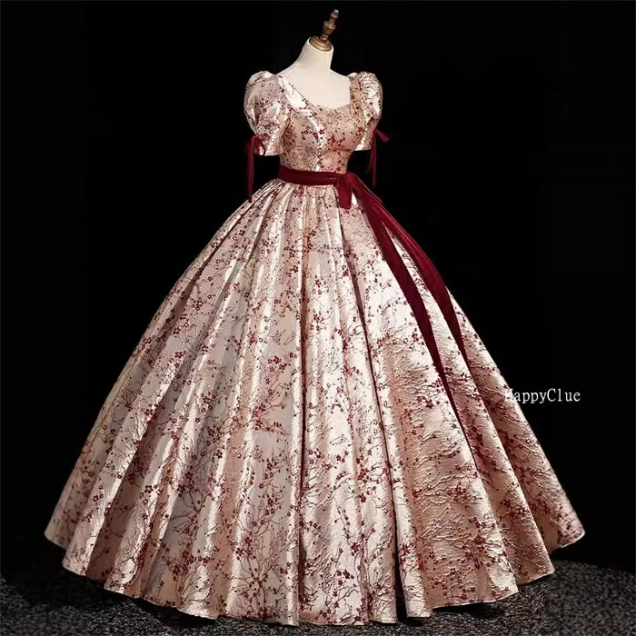 イブイングドレス フォーマル コンサート ピアノ演奏会 発表会 レディース ウェディングドレス 二次会 プリンセスドレス パフスリーブ パーティードレス 結婚式 前撮り 花嫁ドレス ロングドレス お姫様ドレス お洒落 花柄 赤 マキシ お呼ばれ 大きいサイズ イベント 女子会