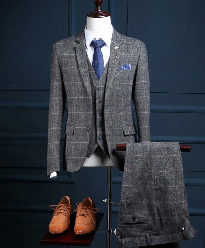 チェック柄メンズスーツ スリーピース 長袖スーツ タキシード 細身 紳士服 オフィス ビジネス セレモニースーツ フォーマル カジュアル おしゃれ 結婚式 二次会 通勤就活面接 お呼ばれ パーティー 大きいサイズ ジャケット+ベスト+パンツ 3点セット 格好いい!品質良い!