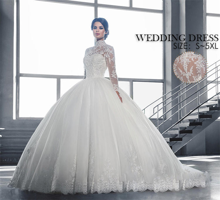 楽天HappyClue 楽天市場店ウェディングドレス 白 花嫁 パーティードレス 結婚式 ワンピース wedding dress 二次会 レディース ブライダル コンサート プリンセス ロングドレス 30代40代 おしゃれ カクテルドレス 発表会 演奏会 披露宴 フォーマル エレガント 袖 レース ハイネック 立ち襟 ホワイト