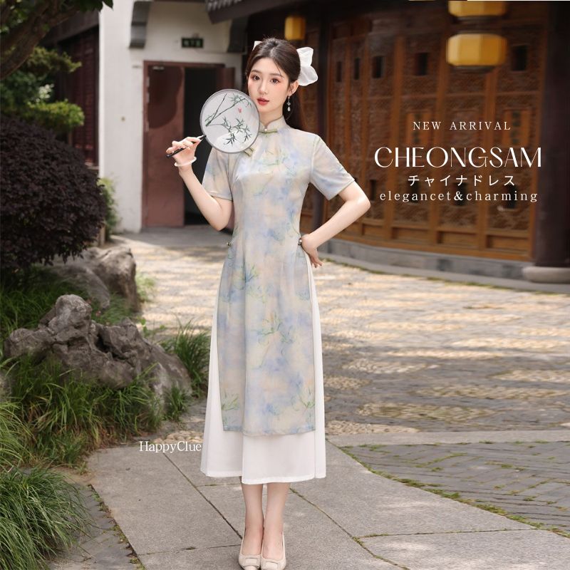 チャイナ風 ワンピース 半袖 春 夏 レディース チャイナドレス 立ち襟 きれいめ カジュアルワンピース 二次会ワンピース 30代40代 パーティードレス お呼ばれ 結婚式 女子会 フォーマル 通勤 オフィス お出かけ 50代 ママ 母親 着痩せ イベント 文化祭 撮影 大きいサイズ(4)