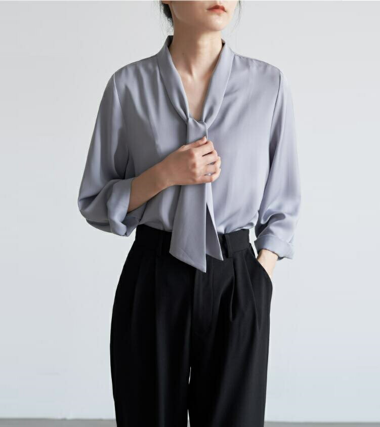 ボウタイ ブラウス Vネック 長袖トップス 上品 レディース シャツ フォーマル 通勤 OLオフィス ビジネス 事務服 カジュアル 二次会 入学式 卒業式 サイズS/M/L エレガント 優雅 おしゃれ ゆったり感 体型カバー 春夏 秋 30代40代50代 切り替え 長袖シャツ きれいめ ブルー青