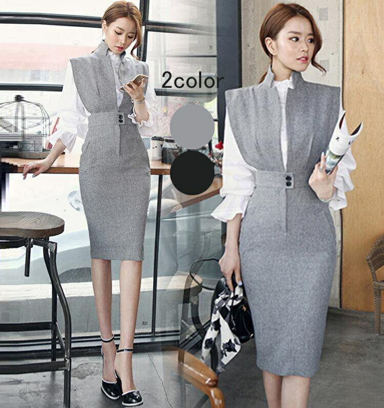 ワンピーススーツ レディース セットアップ 無地 長袖 タイト フリル フォマール エレガント OL女性 通勤 オフィス セレモニースーツ お呼ばれ 結婚式 二次会 20代30代40代 着痩せ サイズ有 S M L XL おしゃれ きれいめ ブラウス＋ワンピースの2点セット 全2色