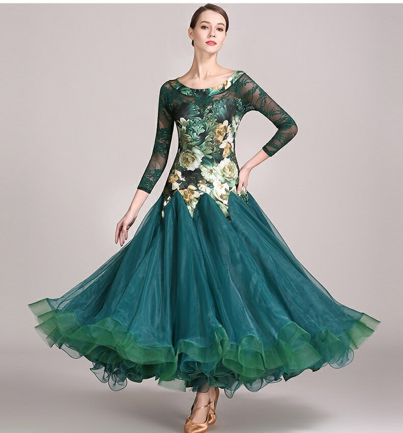 ダンス 衣装 社交ダンス ワンピース おしゃれ 大きい裾 黒 花柄 タンゴ服 モダンダンス 舞台 演出 イベント衣装 ステージ衣装 ラテンダンス ダンスウエア 競技着 練習着 ダンスワンピース 女性用 ワルツ チャチャ インターナショナルダンス ロング丈 ブラック 緑 上品 ドレスのサムネイル