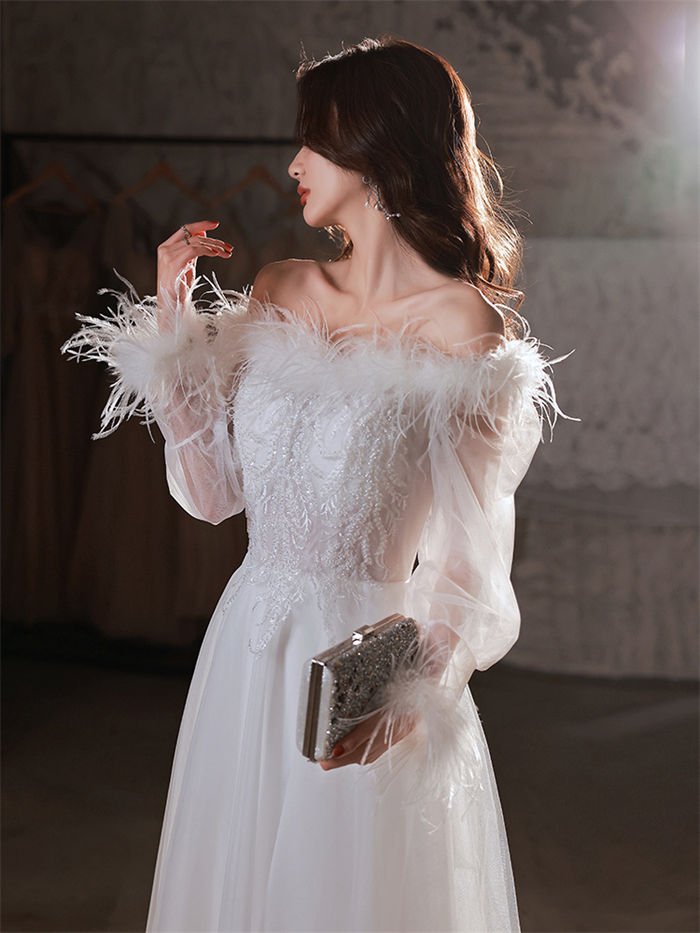 パーティードレス 白 可愛い オフショルダー お姫様 二次会ドレス ロングドレス 演奏会 発表会 レディース フォーマル ピアノ礼服 aライン 袖あり 成人式ドレス コンサート ブライダル ウェディングドレス 花嫁 結婚式 上品 お呼ばれ 謝恩会 大きいサイズ イベント 衣装 撮影