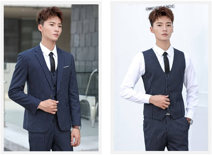 メンズスーツ スリーピース タキシード パンツスーツ ビジネス 紳士服 礼服 メンズ 結婚式 二次会 フォーマル リクルートスーツ 通勤 オフィス 就職活動 面接 カジュアルスーツ 卒業式 入学式 スリムスーツ 30代40代50代 大人 大きいサイズ ストライプ ネクタイ付き 紺色