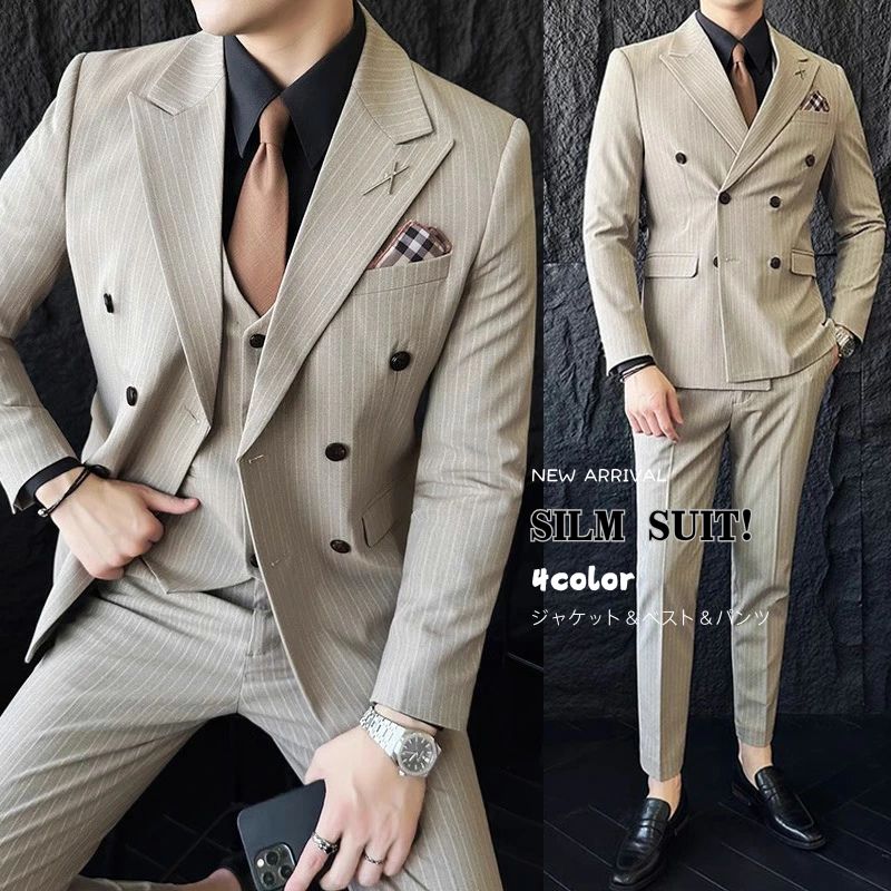 スリーピース メンズ スーツ タキシード 紳士服 スリムスーツ 着心地良い おしゃれスーツ ストライプ メンズスーツ 結婚式 礼服 パンツスーツ オールシーズン...