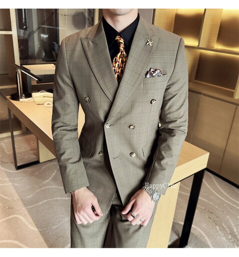 スリーピース スーツ メンズ タキシード ダブルスーツ おしゃれスーツ チェック柄 男性 メンズスーツ 紳士服 フォーマル オフィス ビジネス セレモニースーツ 成人式 結婚式 二次会 お呼ばれ パーティー 大きいサイズ 長袖ジャケット 3点セット 忘年会 同窓会 卒業式 入学式