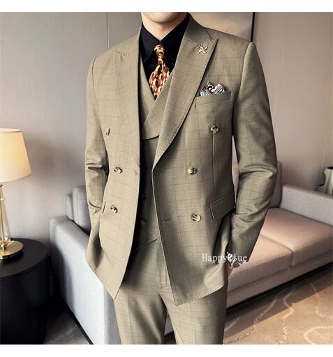 スリーピース スーツ メンズ タキシード ダブルスーツ おしゃれスーツ チェック柄 男性 メンズスーツ 紳士服 フォーマル オフィス ビジネス セレモニースーツ 成人式 結婚式 二次会 お呼ばれ パーティー 大きいサイズ 長袖ジャケット 3点セット 忘年会 同窓会 卒業式 入学式