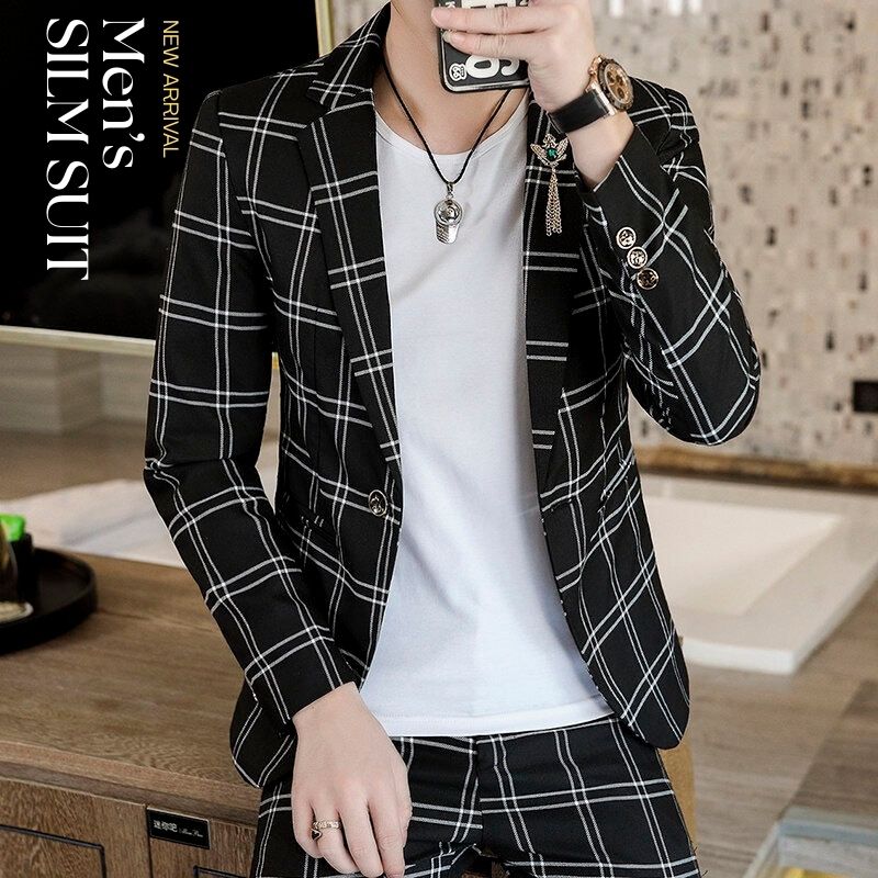 セットアップ カジュアル おしゃれスーツ メンズ タキシード 紳士服 メンズスーツ チェック柄 フォーマルスーツ ビジネス 通勤 オフィス お呼ばれ 結婚式 二次会 パーティー 30代40代 大人 大きいサイズ パンツスーツ 2点セット グレー ブルー 青 黒 一つボタン 写真撮影