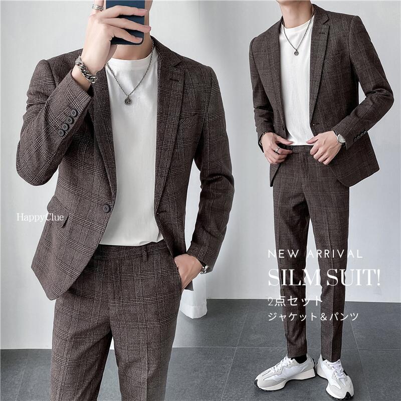 セットアップ メンズスーツ チェック柄 おしゃれスーツ メンズ 成人式 パンツスーツ ブレザー メンズスーツ 卒業式 入学式 タキシード 紳士服 カジュアル スーツ 大きいサイズ 通勤 オフィス ビジネススーツ パーティー 結婚式 長袖 オールシーズン 青 黒 グレー 上下セット