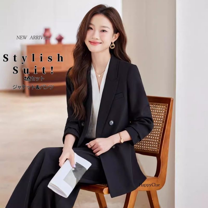 スーツセット パンツスーツ エレガント OL オフィス 事務服 セットアップ おしゃれ 春 レディース スーツ 30代40代50代 卒業式 入学式 上下セット ビジネススーツ 通勤 面接 就職 フォマール きれいめ 大きいサイズ 長袖ジャケット 2点セット カジュアル ブラック 黒 杏色