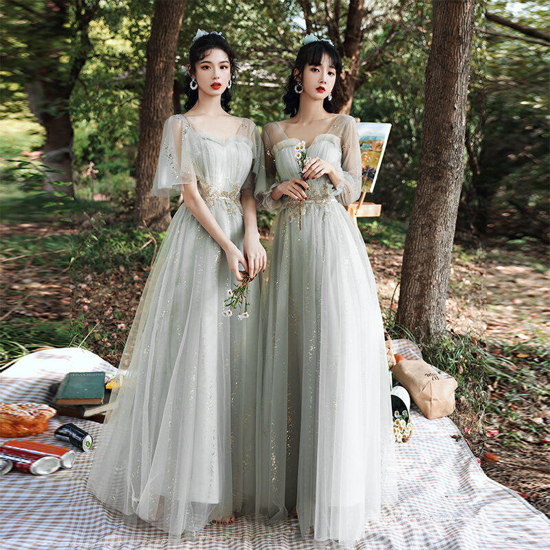 パーティードレス ロング 結婚式 ワンピース レディース ブライズメイドドレス ブライダル マキシワンピース カラードレス 発表会 演奏会 Aライン チュール 袖付き お呼ばれ 披露宴 二次会 大きいサイズ 小さいサイズ おしゃれ 可愛い フェミニン ステージ 衣装 グレー 灰色