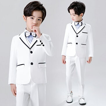 おしゃれ キッズスーツ 男の子 タキシード 5点セット【ジャケット&シャツ&ベスト&パンツ&蝶ネクタイ】子供スーツ 礼服 結婚式 七五三 演奏会 発表会 卒業式 入学式 ジュニア服 100 110 120 130 140 150 160cm 学校 説明会 無地 ホワイト 白 フォーマルスーツ 七五三
