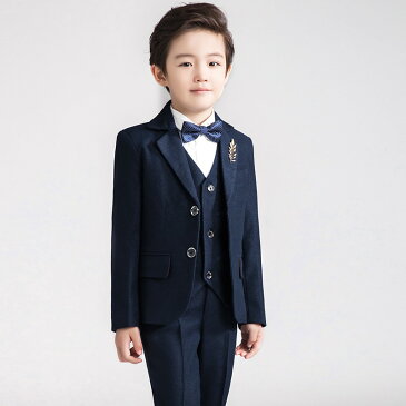 おしゃれ キッズスーツ 男の子 タキシード 5点セット【ジャケット&シャツ&ベスト&パンツ&蝶ネクタイ】子供スーツ 礼服 結婚式 七五三 演奏会 発表会 卒業式 入学式 ジュニア服 100 110 120 130 140 150 160 170cm 学校 説明会 無事 紺色 フォーマルスーツ 二つボタン