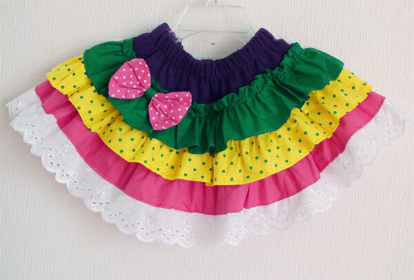 【ネコポス便 送料無料】★ドット柄リボン付♪レース裾の色鮮やかな超可愛い3段フリルミニスカート★