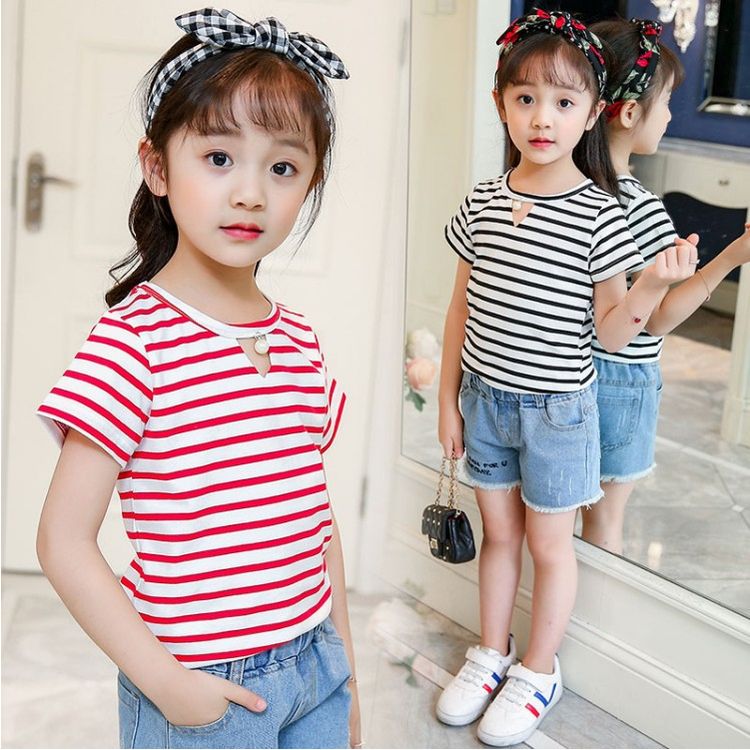 子供服 Tシャツ 女の子 半袖 子供 ボーダー Tシャツ アクセサリー パール 女の子 夏 子供服