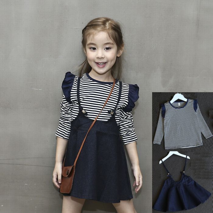 子供 上下セット ボーダーTシャツ&デニムスカート 2点セット 子供服 子供 長袖 Tシャツ デニム スカート 長そで ボーダのサムネイル