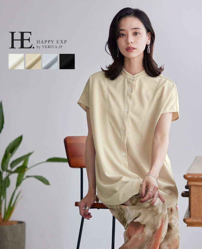 [在庫処分バーゲン!]上品な大人アイテム。梨地シャツ/シャツ ブラウス バンドカラー トップス レディース 半袖 梨地 大きいサイズ[返品交換不可][メール便可（1点まで）][M便 1/1]のサムネイル