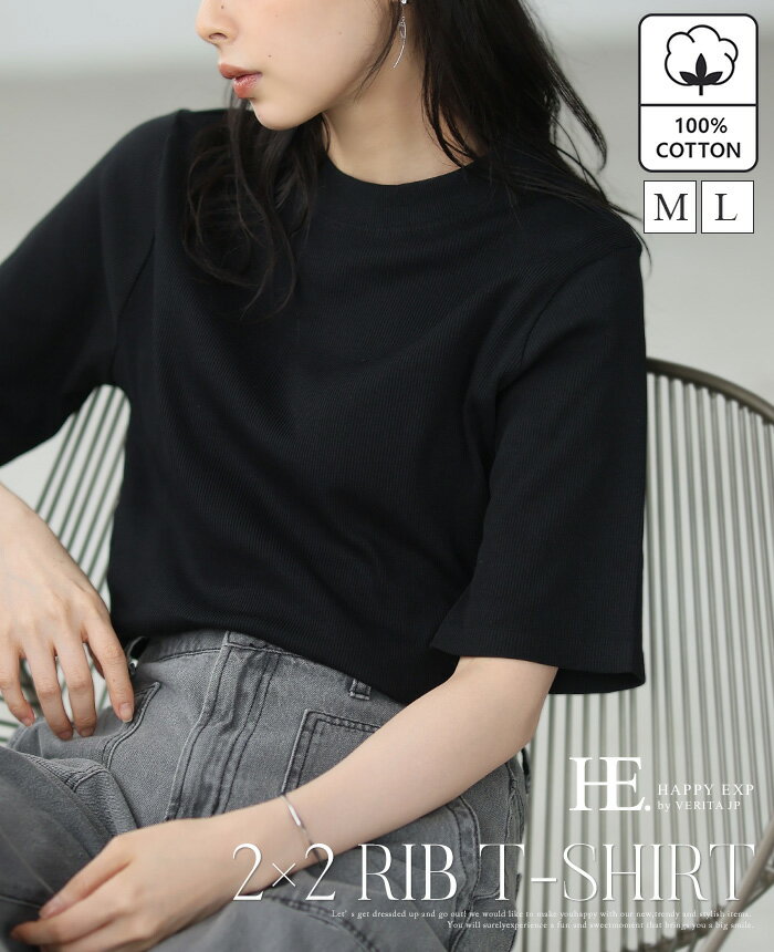 揃えておきたい万能アイテム。2×2リブ プチハイネック半袖Tシャツ/tシャツ カットソー 綿100％ リブ レディース トップス 5分袖 体型カバー L[メール便可(1点まで)][M便 1/1]