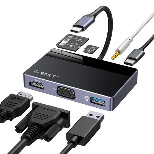 ORICO USB C nu 7-IN-1 USB3.0 100WPD[d 4K@30HZ HDMIo 1080P VGA|[g MICROSD/SDJ[h Xbg I[fBI|[g hbLOXe[V 5GBPSf[^]