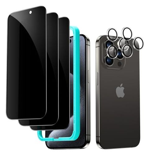 ESR FOR IPHONE 15 PRO MAX プライバシー保護フィルムセット 覗き見防止 強化ガラスプライバシー保護フィルム マイクロカーブエッジ、ケースに優しい 独立型カメラレンズプロテクター2セット付き 3枚入り