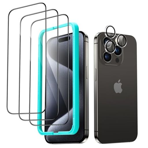 ESR FOR IPHONE 15 PRO MAX 保護フィルムセット強化ガラス保護フィルム 3 枚 独立型レンズフィルム 1セット 2.5Dカーブエッジ フルカバー 米軍MIL規格の保護 傷に強い