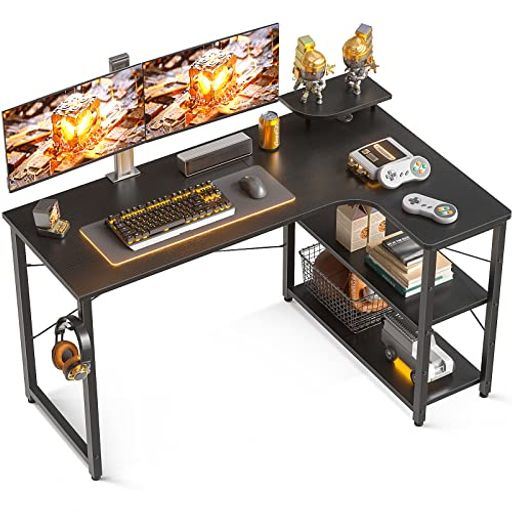 ODKゲーミングデスクl字パソコンデスク幅130机デスクdesk棚付き在宅勤務pcデスク桌子勉強机L字型組立簡..