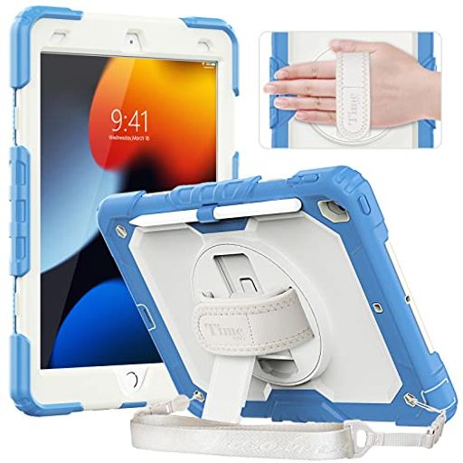 TIMECITYIPAD9世代/8世代/7世代ケース耐衝撃三層保護肩掛け持ち手保護フィルム360°回転スタンドストラップペン収納頑丈丈夫多機能防塵現場オートドア取り付け指導IPADケース10.2インチ(ブルー)
